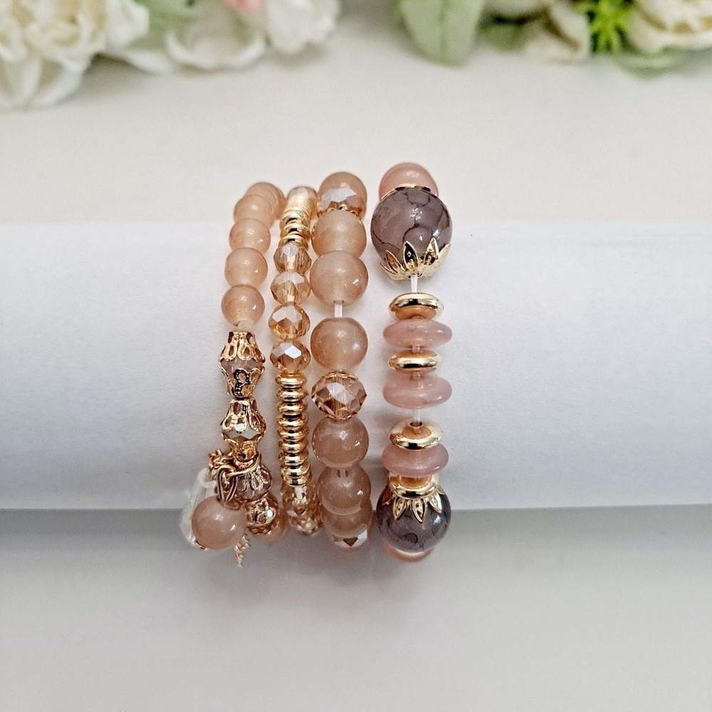 Boho Elastic Beaded gold pink Charm Bracelet Stretch multilayer set 💖2/$30 - Picture 7 of 11